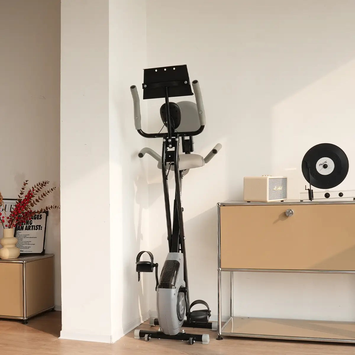 Tousains foldable exercise bike can be placed in the corner of your home.